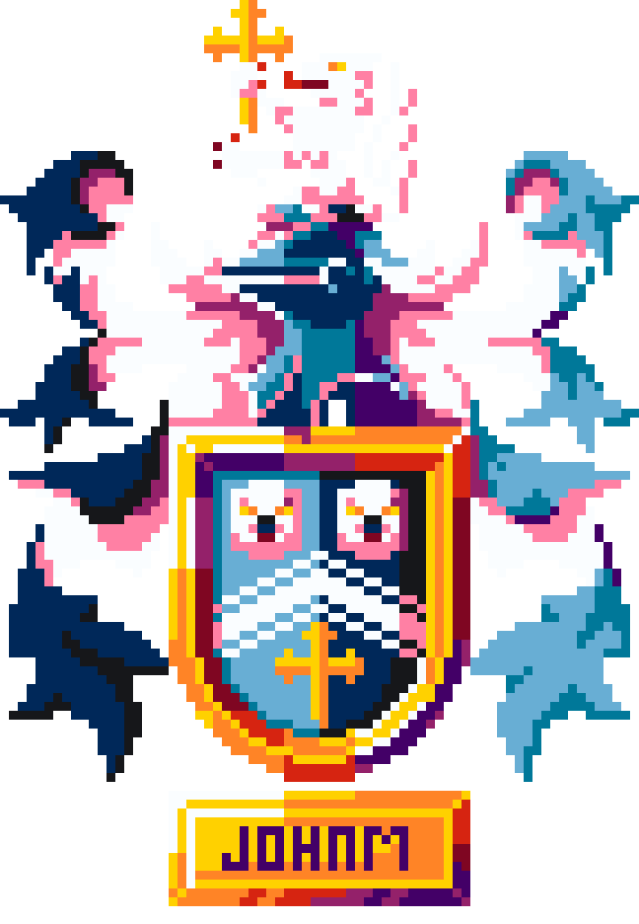 a coat of arms blazoned Per pale Azure and Sable, a chevron cottised between in chief two lions heads affronty Argent langued Gules and in base a cross crosslet fitchée Or.